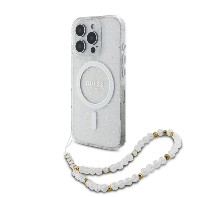 Guess IML Glitter With Pearl Strap MagSafe przeźroczysty - etui iPhone 16 Pro