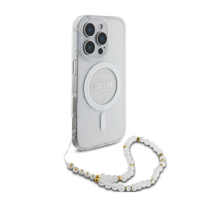 Guess IML Glitter With Pearl Strap MagSafe przeźroczysty - etui iPhone 16 Pro