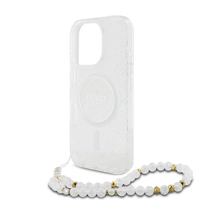 Guess IML Glitter With Pearl Strap MagSafe przeźroczysty - etui iPhone 16 Pro