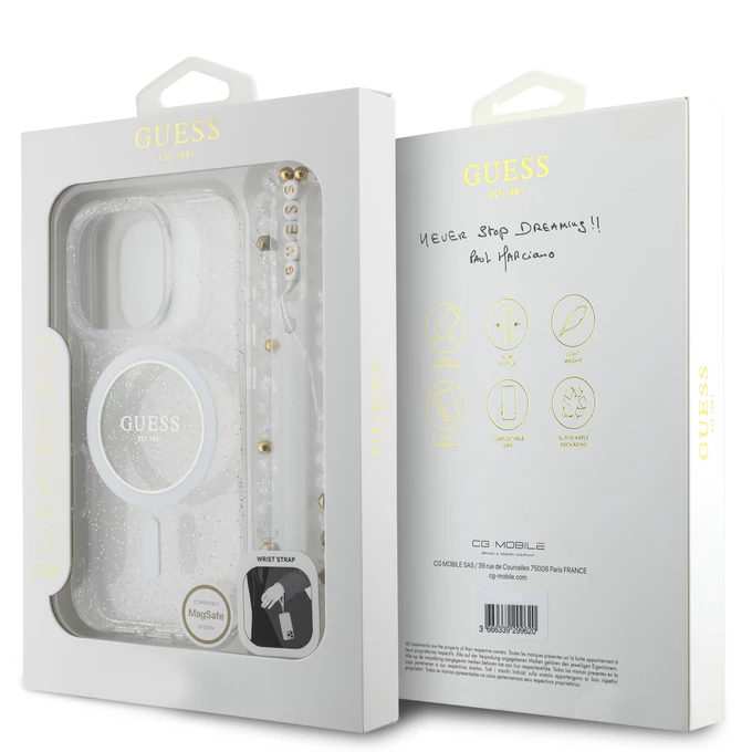 Guess IML Glitter With Pearl Strap MagSafe przeźroczysty - etui iPhone 16 Pro