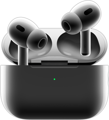 AirPods Pro 2 wychodzące z etui ładującego, świecąca się zielona dioda z przodu etui ładującego