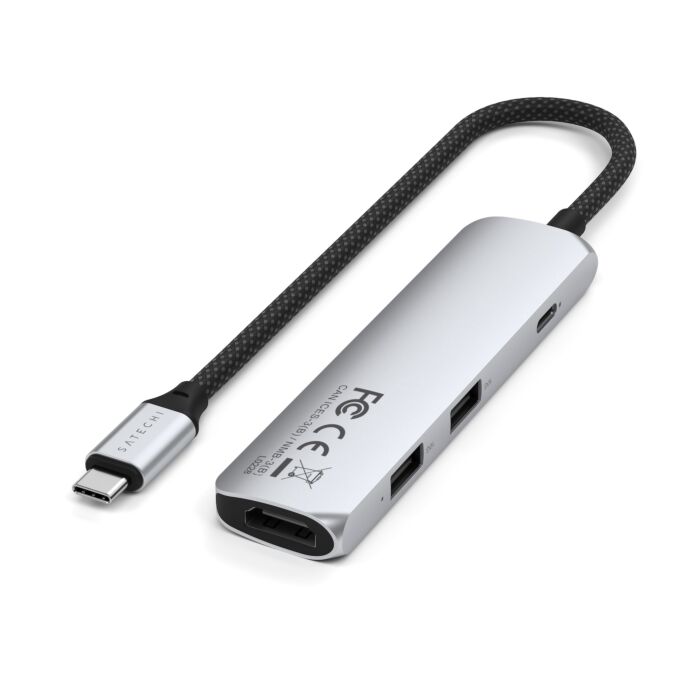 Satechi 4-in-1 USB-C Slim Multiport Adapter 4K Srebrny - aluminiowy adapter do urządzeń mobilnych USB-C (USB-C, 4K HDMI, 2x USB-A)