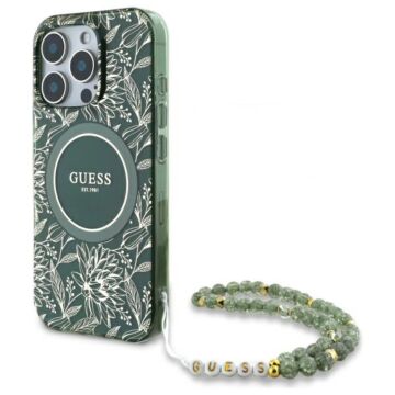 Guess IML Flowers Allover Electro With Pearl Strap MS zielony - etui iPhone 16 Pro Max