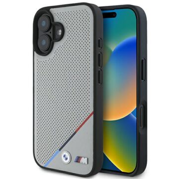 BMW M Perforated Tricolor Line MS szary - etui iPhone 16