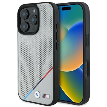 BMW M Perforated Tricolor Line MS szary - etui iPhone 16 Pro