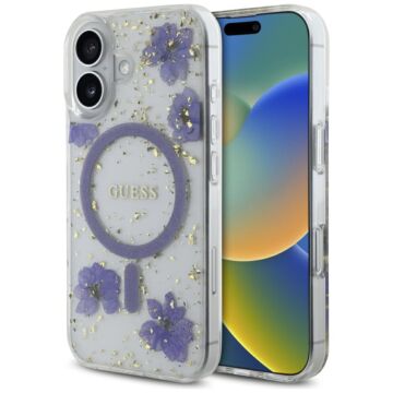 Guess Resin Flowers Glitter MS fioletowy - etui iPhone 16