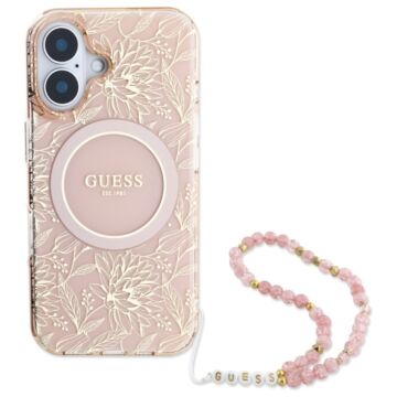 Guess IML Flowers Allover Electro With Pearl Strap MagSafe różowy - etui iPhone 16 Plus