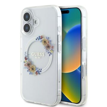 Guess IML Flowers Wreath MagSafe preźroczysty - etui iPhone 16 Plus