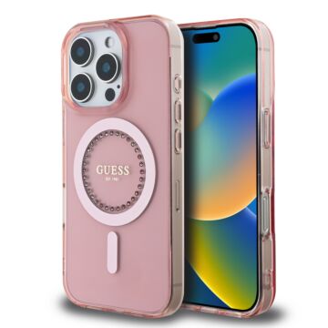 Guess IML Rhinestones MagSafe różowy - etui iPhone 16 Pro