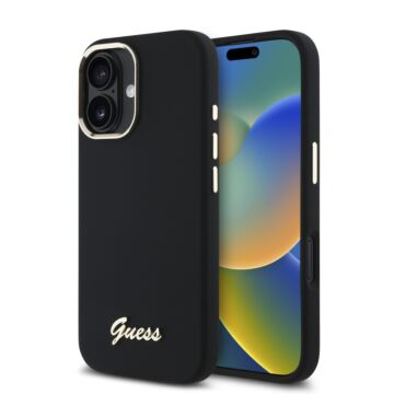 Guess Silicone Script Metal Logo & Frame Czarny - etui iPhone 16 Plus