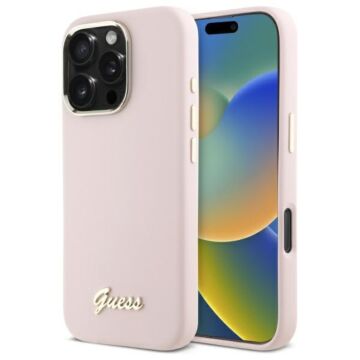 Guess Silicone Script Metal Logo & Frame Różowy - etui iPhone 16 Pro Max