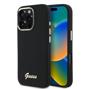 Guess Silicone Script Metal Logo & Frame czarny - etui iPhone 16 Pro