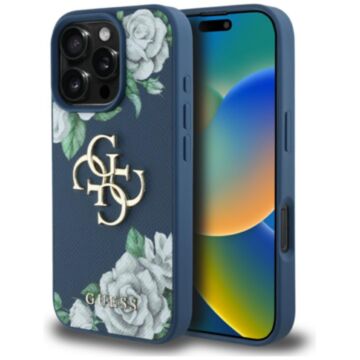 Guess Grained Roses Big 4G logo niebieski - etui iPhone 16 Pro