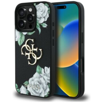 Guess Grained Roses Big 4G logo czarny - etui iPhone 16 Pro