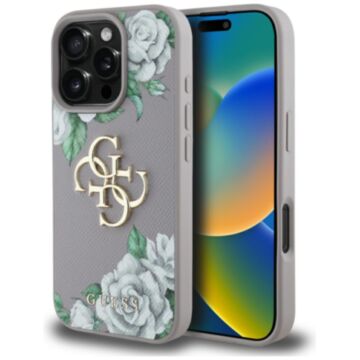 Guess Grained Roses Big 4G logo fioletowy - etui iPhone 16 Pro Max