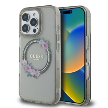 Guess IML Flowers Wreath MS czarny - etui iPhone 16 Pro Max