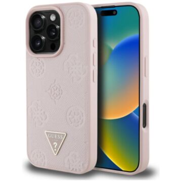 Guess Grained Hot Stamp Peony Triangle Logo MS różowy - etui iPhone 16 Pro