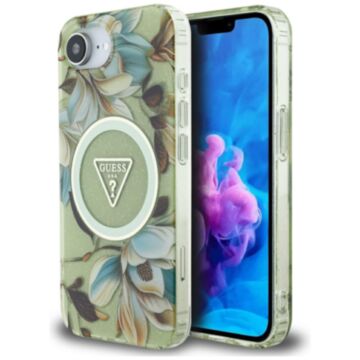 Guess IML Metal Glitter Flowers Triangle MS zielony - etui iPhone 16e / 17e