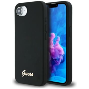 Guess Silicone Script Metal Logo MS czarny - etui iPhone 16e / 17e