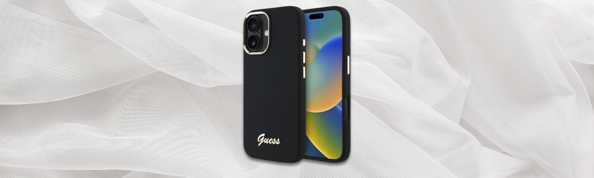 Guess Silicone Script Metal Logo & Frame Czarne etui Guess ze złotym logo