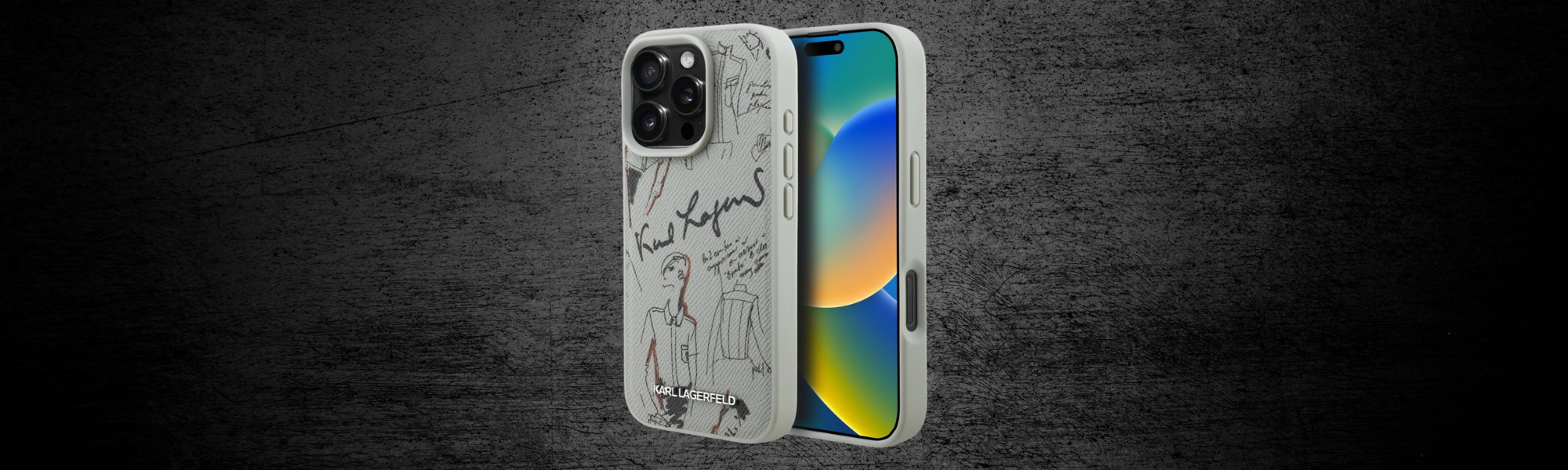 Szare etui Karl Lagerfeld logo szkic