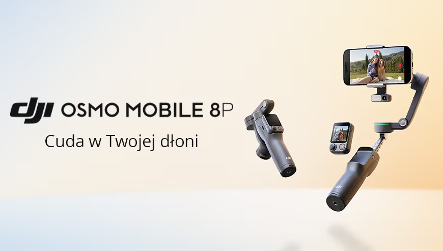 Zdjęcie gimbala DJI Osmo Mobile 8P z hasłem Cuda w Twojej dłoni.