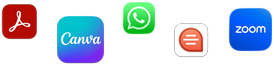 Zbiór luźno rozłożonych ikon różnych aplikacji, takich jak Adobe Acrobat, Canva, WhatsApp, Quip i Zoom