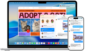 MacBook Air wyświetla tekst konwersacji w apce Wiadomości, a dzięki integracji na różnych urządzeniach ten sam wątek widać także na ekranie iPhone’a 16 Pro Max