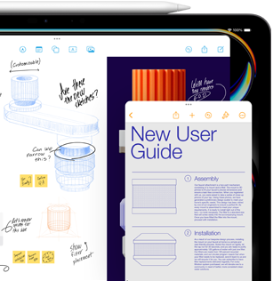 Ekran iPada z otwartym oknem aplikacji Freeform przedstawiającym szkice części mechanicznych produktu, a w mniejszym oknie Notatek widać instrukcje. Na iPadzie leży Apple Pencil
