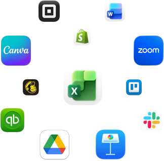 Ikony aplikacji biznesowych, w tym Mailchimp, Microsoft Excel, Canva, Shopify, Zoom, Trello, Keynote, Slack, Square, Quickbooks, Google Drive i Microsoft Word