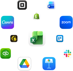 Ikony aplikacji biznesowych, w tym Mailchimp, Microsoft Excel, Canva, Shopify, Zoom, Trello, Keynote, Slack, Square, Quickbooks, Google Drive i Microsoft Word