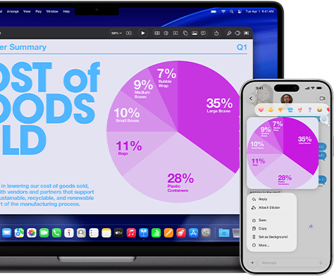 MacBook Pro 14 cali z czipem M5 i iPhone 17 Pro Max wyświetlające prezentację Keynote z wykresem kołowym udostępnianą na różnych urządzeniach