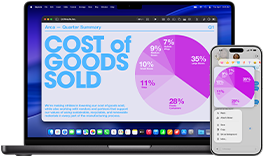 MacBook Pro 14 cali z czipem M5 i iPhone 17 Pro Max wyświetlające prezentację Keynote z wykresem kołowym udostępnianą na różnych urządzeniach