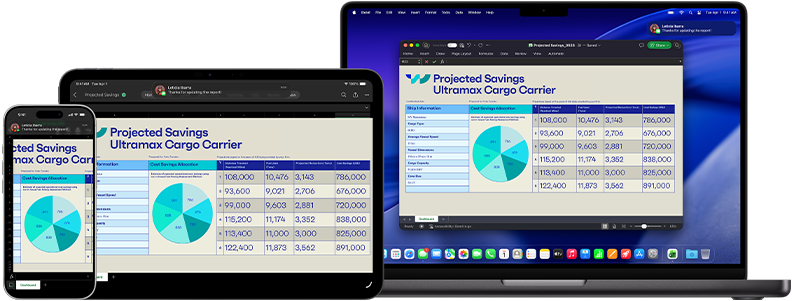 Ekrany iPhone’a 17 Pro, iPada Pro 11 M4 i MacBooka Pro M4 przedstawiające ten sam arkusz Microsoft Excel ze skompilowanymi danymi w postaci wykresu kołowego i tabel