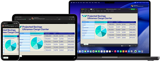 Ekrany iPhone’a 17 Pro, iPada Pro 11 M4 i MacBooka Pro M4 przedstawiające ten sam arkusz Microsoft Excel ze skompilowanymi danymi w postaci wykresu kołowego i tabel