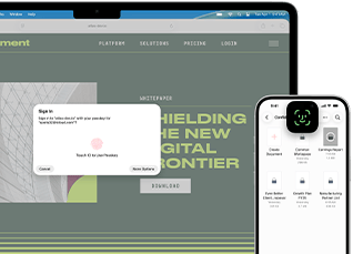 Ekran MacBooka Pro wyświetlający okno Touch ID obok Safari oraz ekran iPhone'a 16 z Face ID