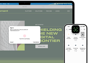 Ekran MacBooka Pro wyświetlający okno Touch ID obok Safari oraz ekran iPhone'a 16 z Face ID.