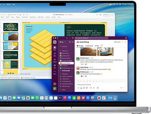 Prezentacja PowerPoint w jednym oknie i Slack w innym oknie na ekranie 16‑calowego MacBooka Pro z czipem M4