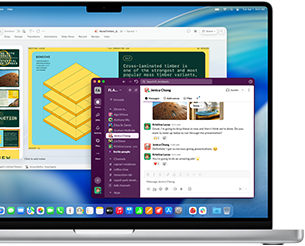Prezentacja PowerPoint w jednym oknie i Slack w innym oknie na ekranie 16‑calowego MacBooka Pro z czipem M4