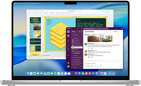 Prezentacja PowerPoint w jednym oknie i Slack w innym oknie na ekranie 16‑calowego MacBooka Pro z czipem M4
