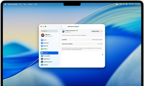 Ekran 16-calowego MacBooka Pro z czipem M4 z widoczną zaplanowaną aktualizacją oprogramowania w ustawieniach systemowych