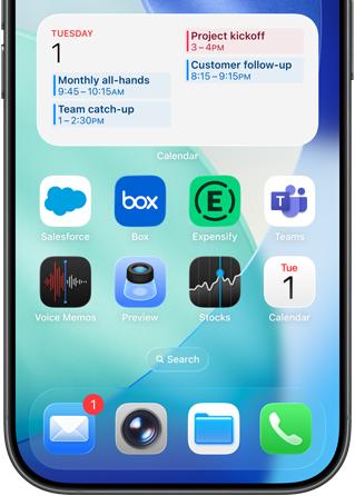 Ekran początkowy iPhone'a wyświetlający różne aplikacje biznesowe i produktywne, a także szczegółowy grafik pracy w Kalendarzu Apple