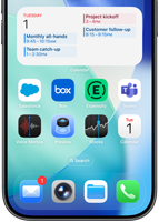 Ekran początkowy iPhone'a wyświetlający różne aplikacje biznesowe i produktywne, a także szczegółowy grafik pracy w Kalendarzu Apple