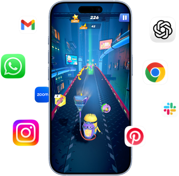 iPhone z grą Minion Rush na ekranie. Wokół telefonu ikony apek Gmail, WhatsApp, Zoom, Instagram, ChatGPT, Google Chrome, Slack i Pinterest