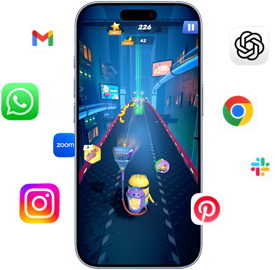 iPhone z grą Minion Rush na ekranie. Wokół telefonu ikony apek Gmail, WhatsApp, Zoom, Instagram, ChatGPT, Google Chrome, Slack i Pinterest