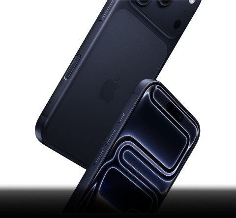 Dwa iPhone’y 17 Pro w kolorze głębinowego błękitu spadają, jeden przodem, drugi tyłem, prezentując wytrzymałość swojej konstrukcji