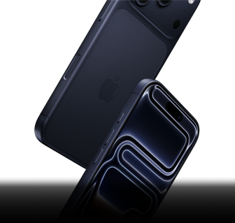 Dwa iPhone’y 17 Pro w kolorze głębinowego błękitu spadają, jeden przodem, drugi tyłem, prezentując wytrzymałość swojej konstrukcji