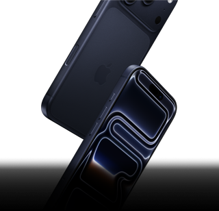 Dwa iPhone’y 17 Pro w kolorze głębinowego błękitu spadają, jeden przodem, drugi tyłem, prezentując wytrzymałość swojej konstrukcji