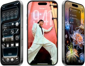 Trzy iPhone’y 17 Pro pokazane pod różnymi kątami prezentują trzy różne ekrany systemu iOS 26, w tym ekran początkowy z Liquid Glass, Tapetę i Zdjęcia