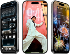 Trzy iPhone’y 17 Pro pokazane pod różnymi kątami prezentują trzy różne ekrany systemu iOS 26, w tym ekran początkowy z Liquid Glass, Tapetę i Zdjęcia